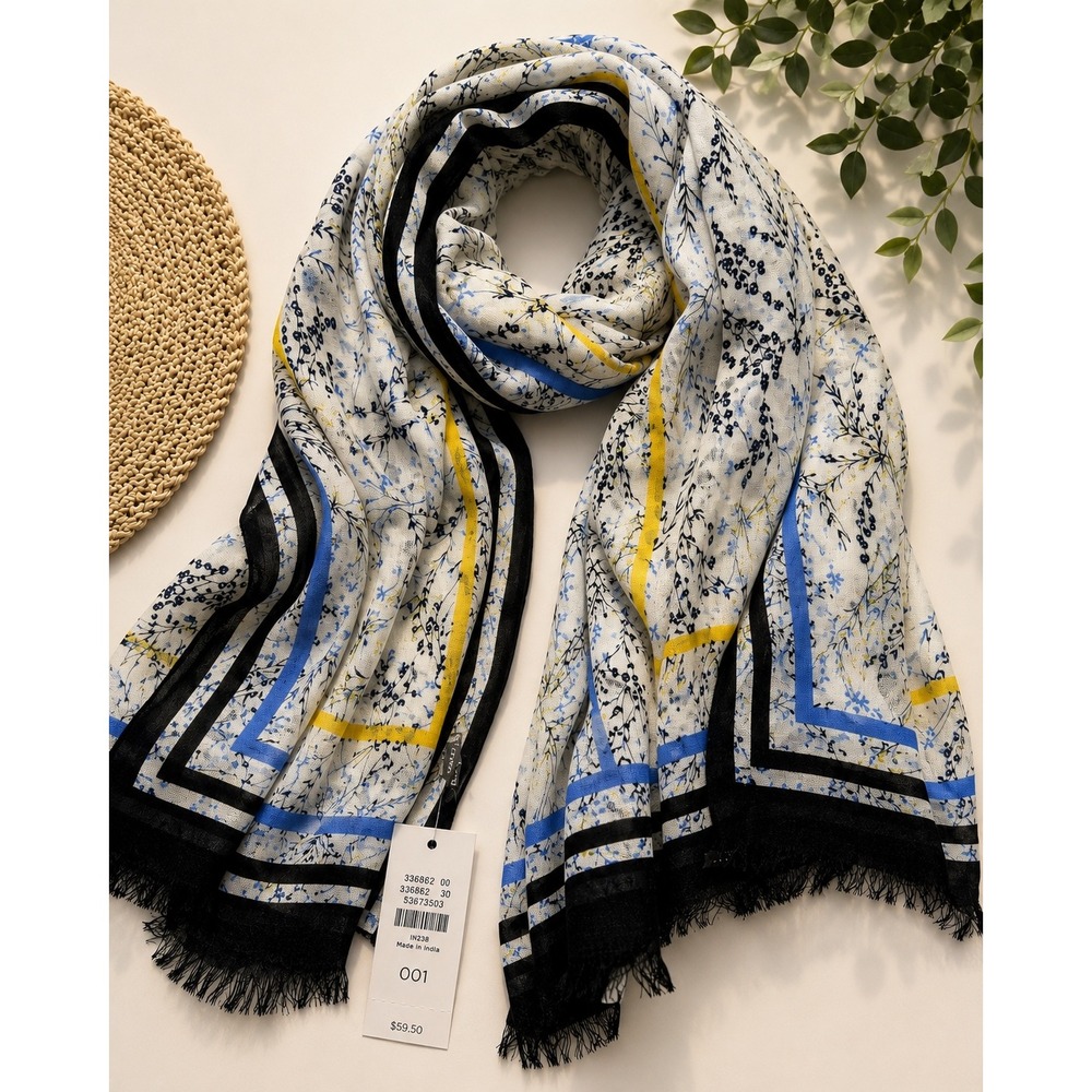 Talbots Floral Oblong Scarf Blue Yellow Black White Viscose Fringe NWT 336862
